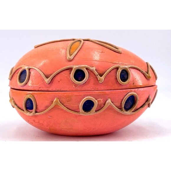 Paper Mache Composite Easter Egg Box Bright Pink Orange 1970s Mod 5" - Picture 2 of 9